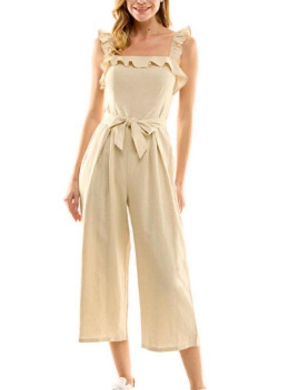 Like New Kingston Grey Linen Blend Cropped Cream Ruffle Strap Jumpsuit Medium
